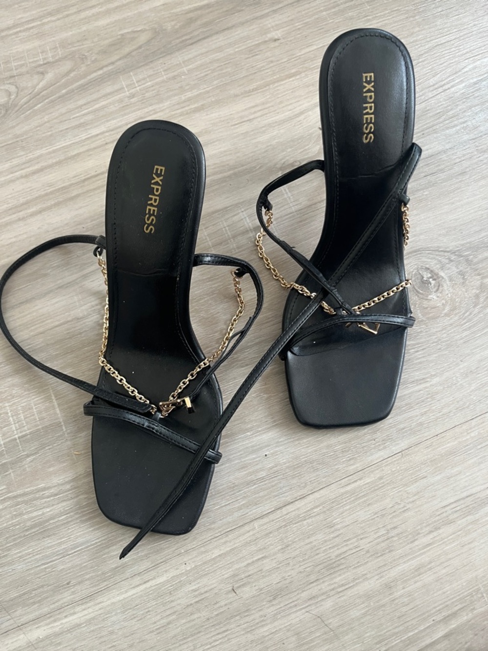 Express Black Strappy Sandals with Gold Chain Accent right heel missing heel cap